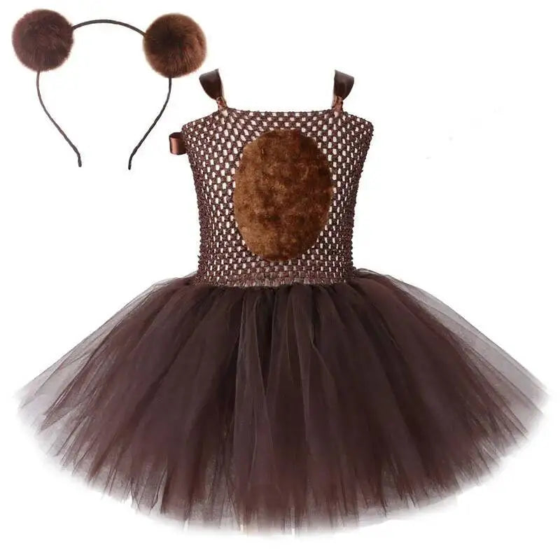 Baby Girls' Brown Bear Tutu Dress with Ears, Bow and Tail, Cute Animal Costume for Halloween, Christmas, Birthday Parties and Everyday Dress-Up Outfit for Kids