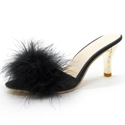 Women’s Feather Fur Peep Toe Mules – Thin High Heel Slip-On Sandals & Slides, Elegant Summer Pumps in Big Sizes