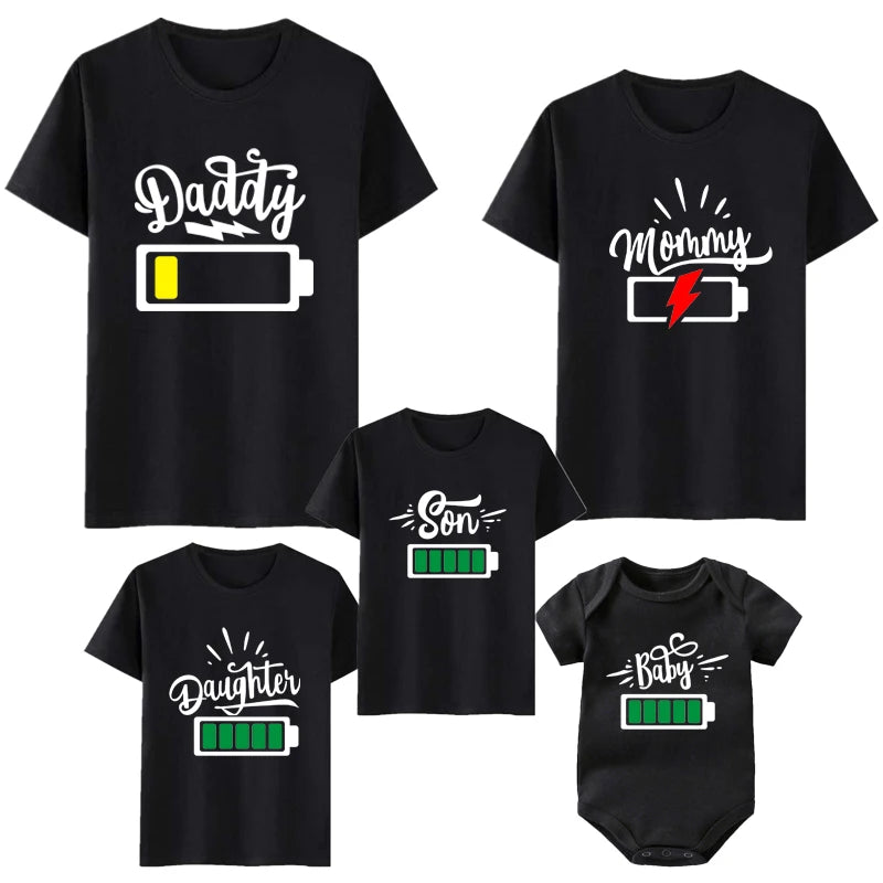 Family Matching T-Shirts – Funny Battery-Themed Daddy, Mommy & Kids Tees, Matching Family Look for Baby Boys, Girls, Brothers & Sisters