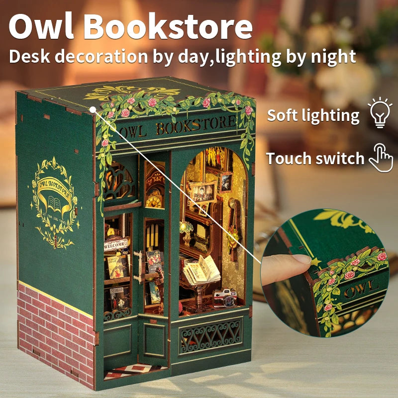CUTEBEE Kit DIY de Rincón de Libro con Luces LED – Modelo de Estantería en Miniatura de Madera de Búho y Decoración