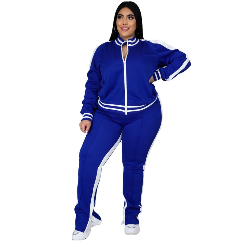 Plus Size L-5XL Women's 2-Piece Sweatsuit Set – Zip-Up Striped Top & Slit Jogger Sweatpants, Casual Matching Outfit for Everyday Wear