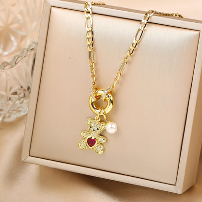 High Quality Shiny Crystal Zirconia Cute Bear Pendant Necklace Choker for Women Girls Holiday Collarbone Chain Gift