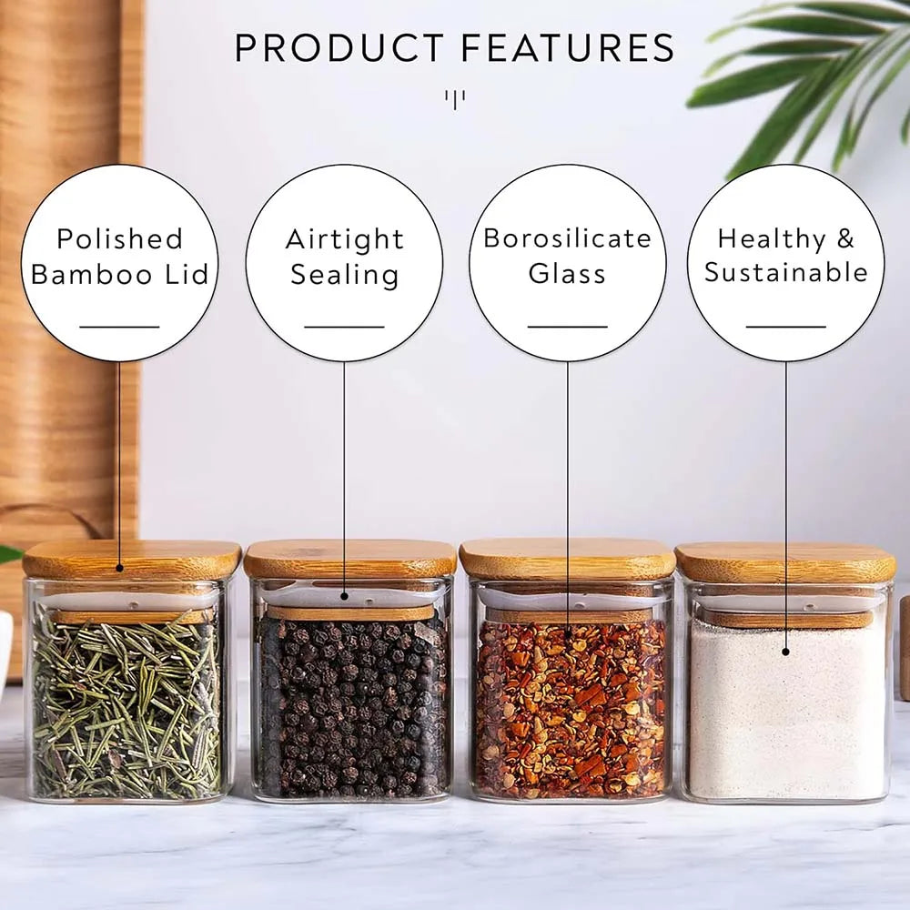 Lot de 14 bocaux à épices en verre de 150 ml avec étiquettes – Récipients de rangement carrés en verre avec couvercles en bambou, étiquettes autocollantes, bocaux de conservation pour épices, herbes, assaisonnements et organisation de la cuisine