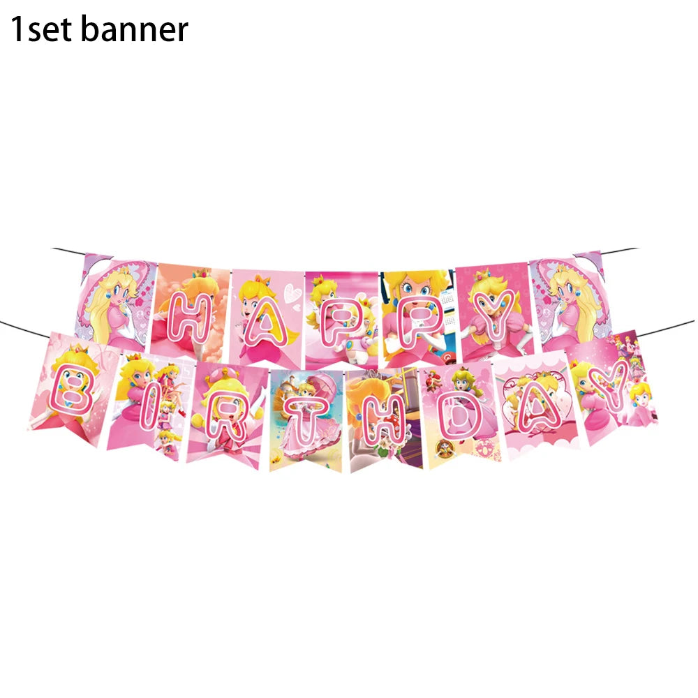 Princess Peach Party Supplies Set – Cartoon Anime-Themed Tableware, Balloons & Decorations for Children's Birthdays & Baby Showers