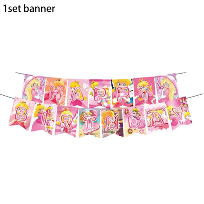 Princess Peach Party Supplies Set – Cartoon Anime-Themed Tableware, Balloons & Decorations for Children's Birthdays & Baby Showers