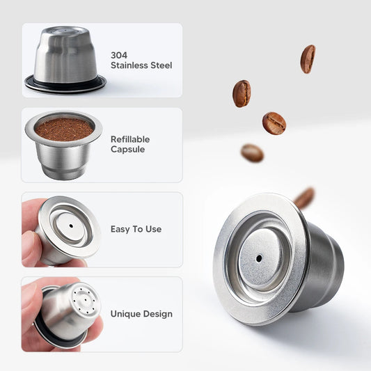 Cápsulas de café Nespresso reutilizables – Cápsulas de filtro de espresso de acero inoxidable, cápsulas de café Crema rellenables con diseño mejorado para la preparación en cafetera doméstica