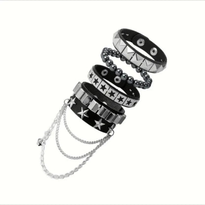4-Piece Gothic Punk Bracelet Set – Square Rivet Metal Chain & Tassel Bracelets for Men & Women | Rock Fashion Jewelry Gift