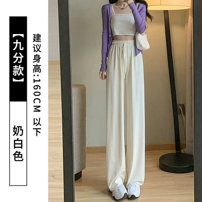 Plus Size Women's Ice Silk Wide-Leg Pants – High-Waist Lightweight Casual Trousers for Summer Sports & Everyday Wear