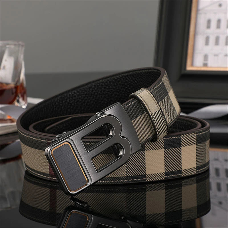 Men's Genuine Leather & Canvas Belt 3.4cm Classic Buckle Casual Jeans Waist Belt