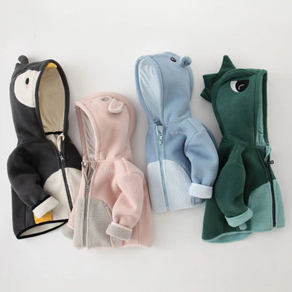 2025 Winter Baby Boys Fleece Hooded Jackets for Kids Cartoon Dinosuar Coats Autumn Girls Plus Velvet Zipper Outerwear Jacket