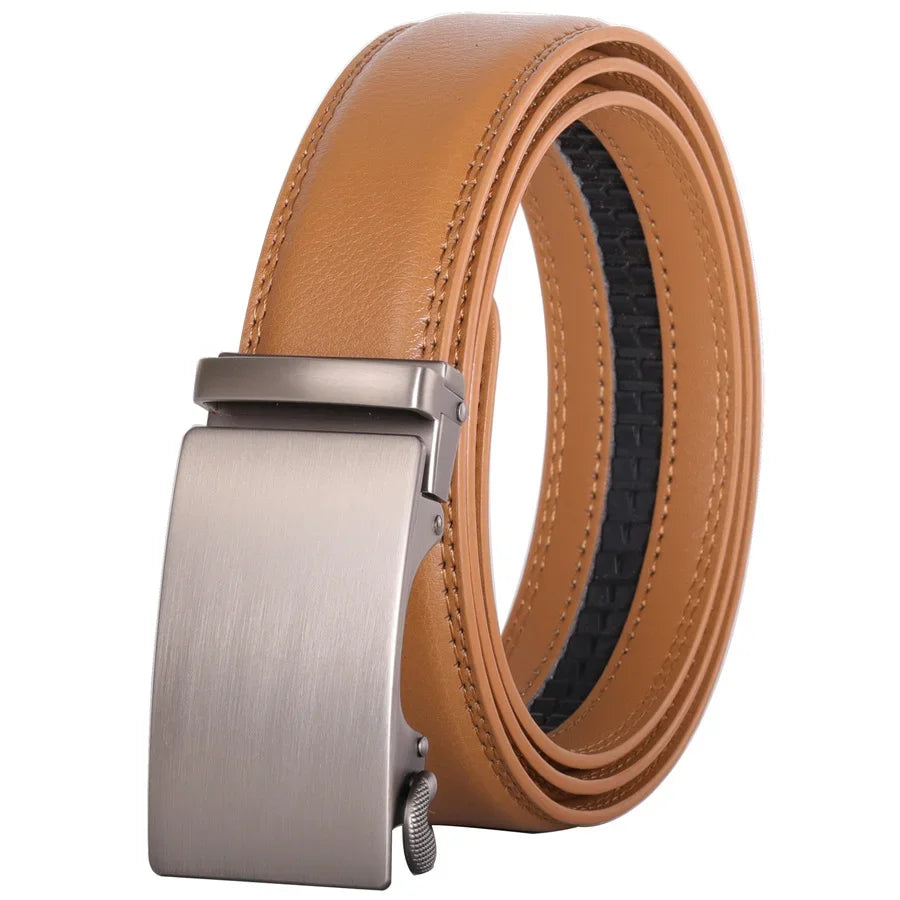 Plyesxale Men's Brown Leather Belt 2026 – Automatic Buckle Vintage Belt for Jeans, Luxury-Style Casual Waist Strap, Ceinture Homme B9