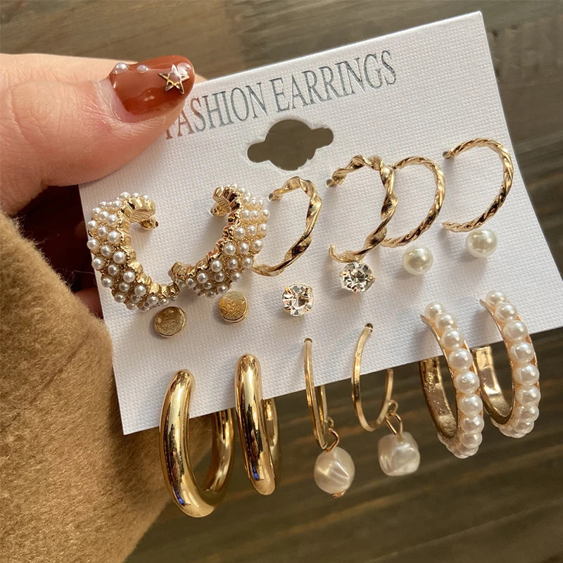 Boucles d'oreilles créoles dorées grand cercle pour femmes, ensemble bohème vintage, perle, cœur, zircon, clous, bijoux cadeau