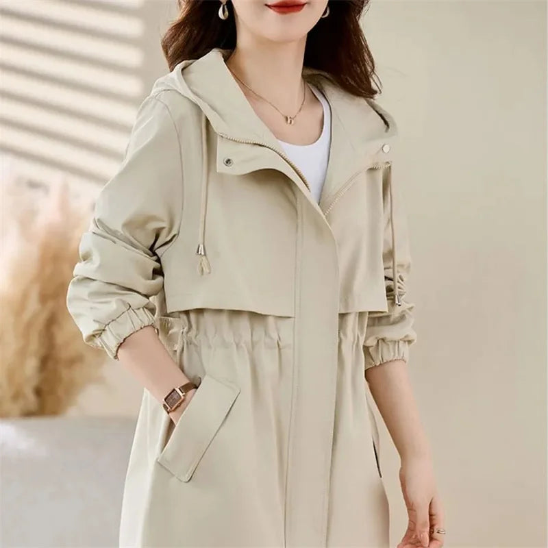 Women’s Camel Military-Style Trench Coat – Slim-Fit Hooded Jacket, Minimalist Casual Outerwear for Spring & Autumn