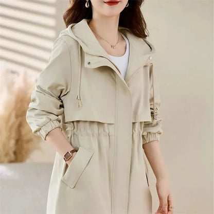 Women’s Camel Military-Style Trench Coat – Slim-Fit Hooded Jacket, Minimalist Casual Outerwear for Spring & Autumn