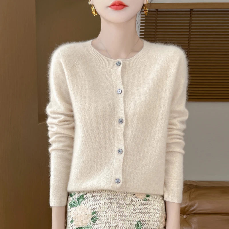 Women's 100% Merino Wool Long-Sleeve Sweater – O-Neck Knit Cardigan-Style Top for Spring & Autumn, Soft Basic Fashion Knitwear