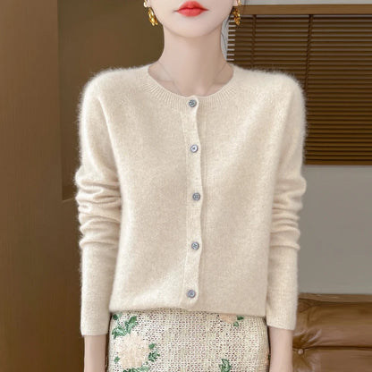 Women's 100% Merino Wool Long-Sleeve Sweater – O-Neck Knit Cardigan-Style Top for Spring & Autumn, Soft Basic Fashion Knitwear