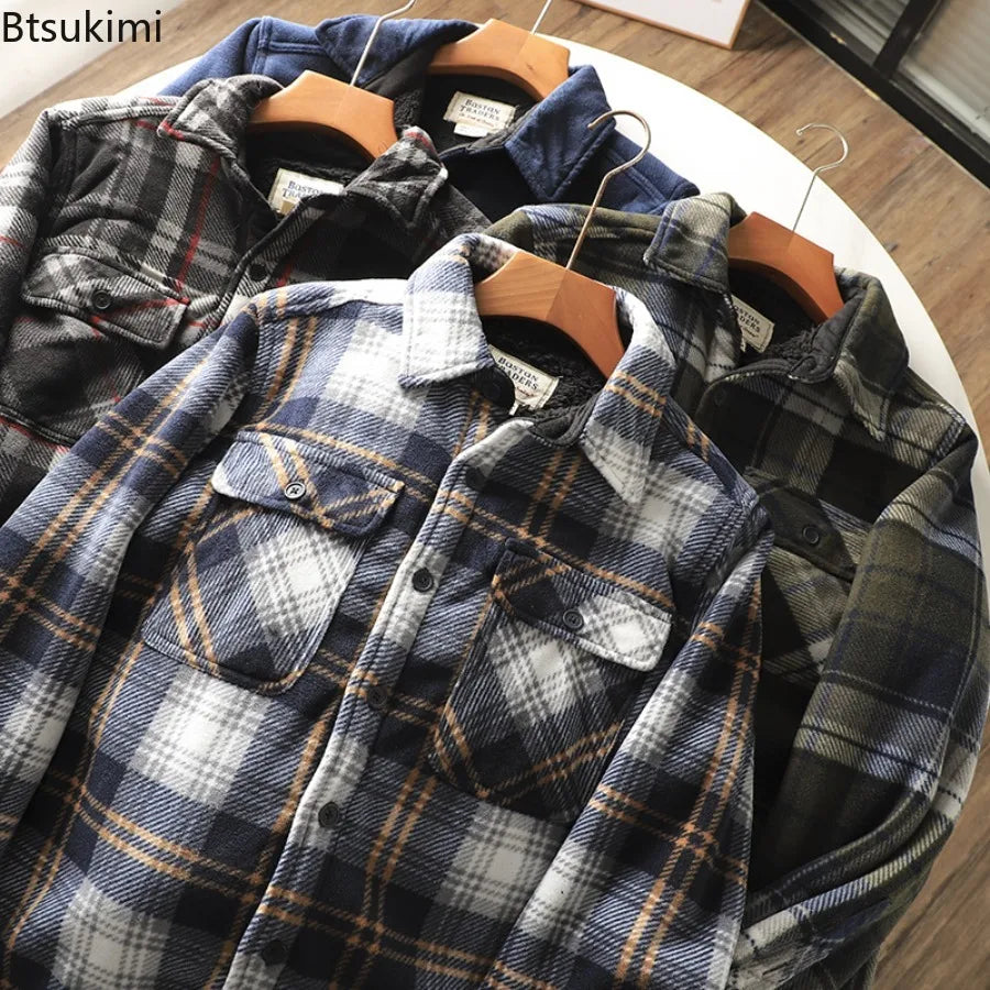 Men’s Fleece-Lined Flannel Shirt Jacket – Thick Warm Long-Sleeve Plaid Coat, Vintage Casual Outerwear for Autumn & Winter