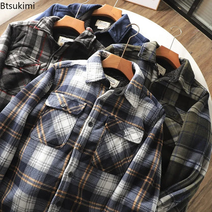 Men’s Fleece-Lined Flannel Shirt Jacket – Thick Warm Long-Sleeve Plaid Coat, Vintage Casual Outerwear for Autumn & Winter