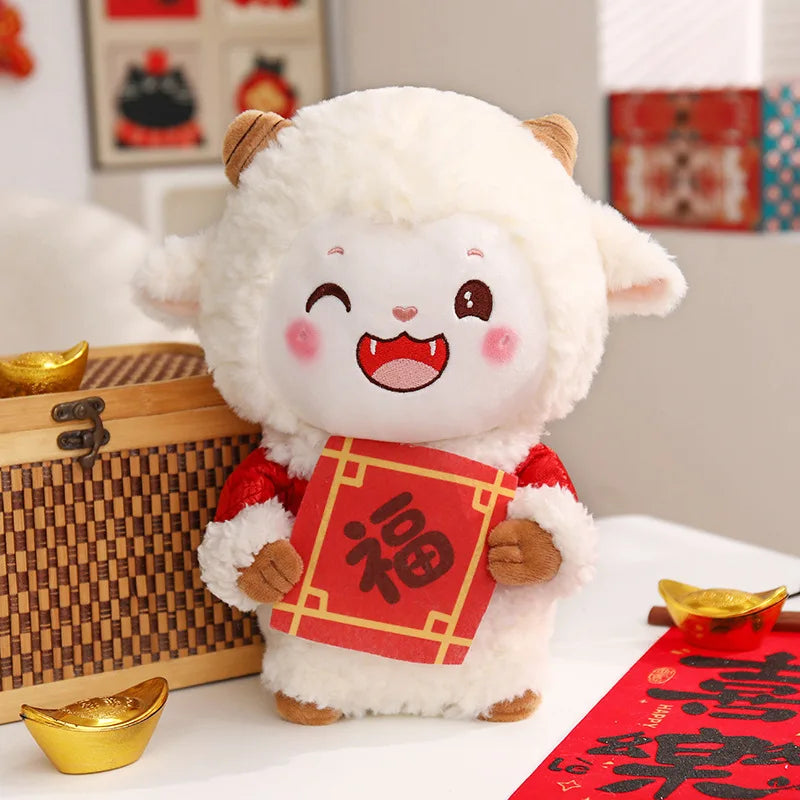 Fluffy Goat Ornament – Cute Desk Decoration & Chinese New Year Gift, Lunar Spring Festival Decor for Sheep Zodiac Collectors