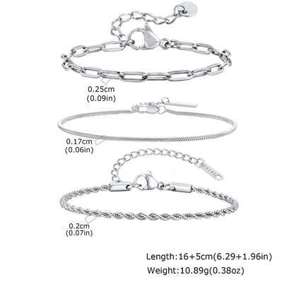 3-Piece Silver Twist Chain Bracelet Set – Never Fade Thin Chain Wristband for Men | Punk Fashion Jewelry Gift for Husband, Father & Son