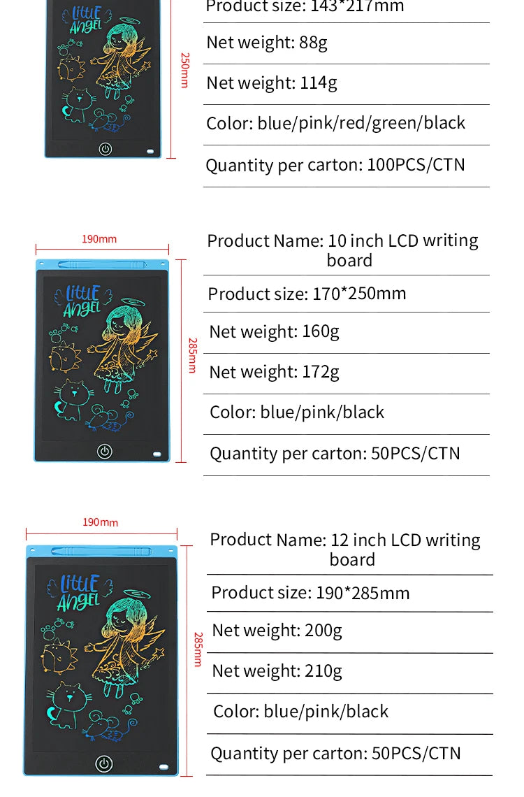 Tablette d'écriture LCD pour enfants – Planche à dessin électronique réutilisable 6,5/8,5/10/12 pouces, Pad d'apprentissage de protection des yeux avec fonction de verrouillage et d'effacement, cadeau éducatif pour enfants