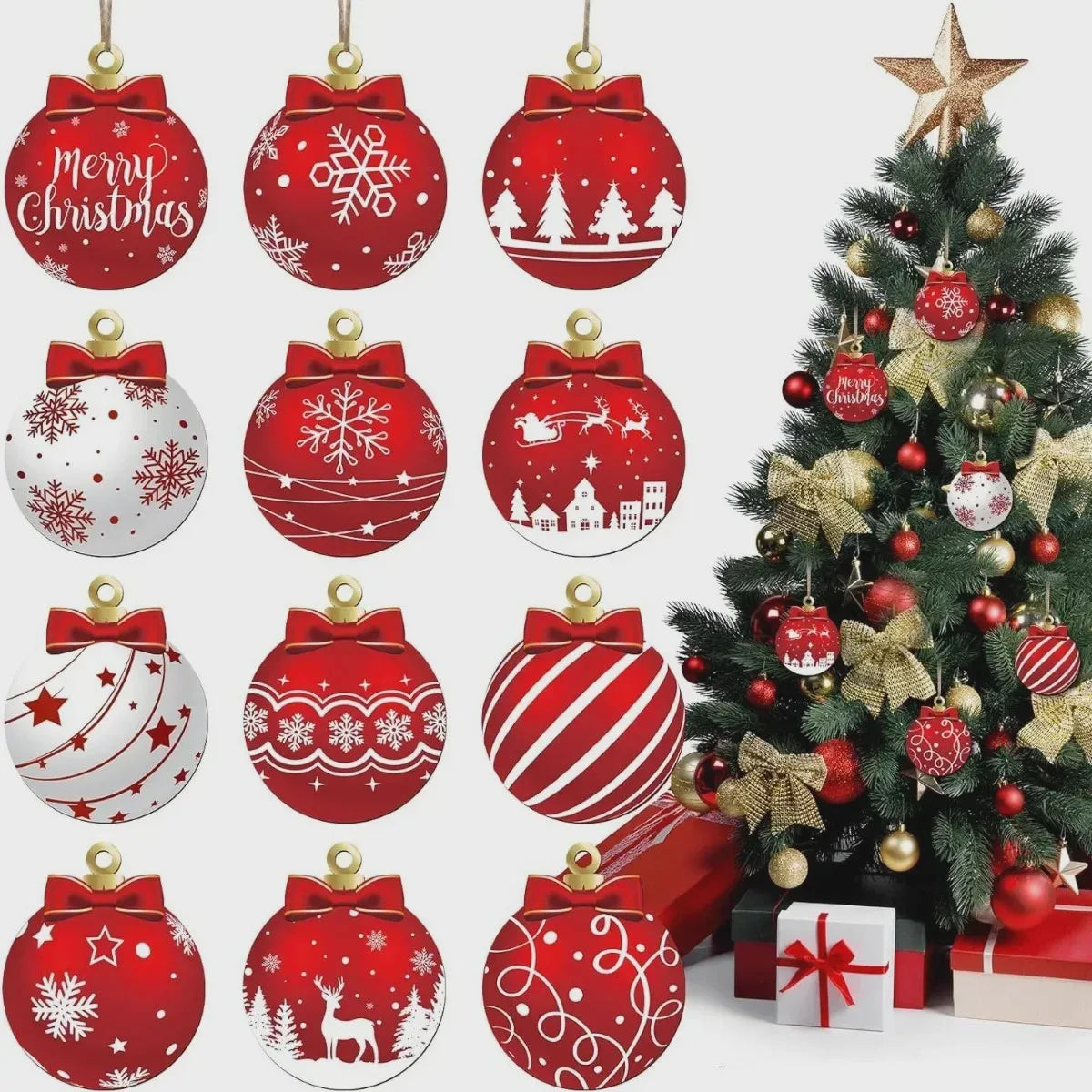 12/24PCS Wooden Christmas Ball Ornaments – Hanging Pendant Decorations for Christmas Parties, Yard, Tree & Holiday Home Decor