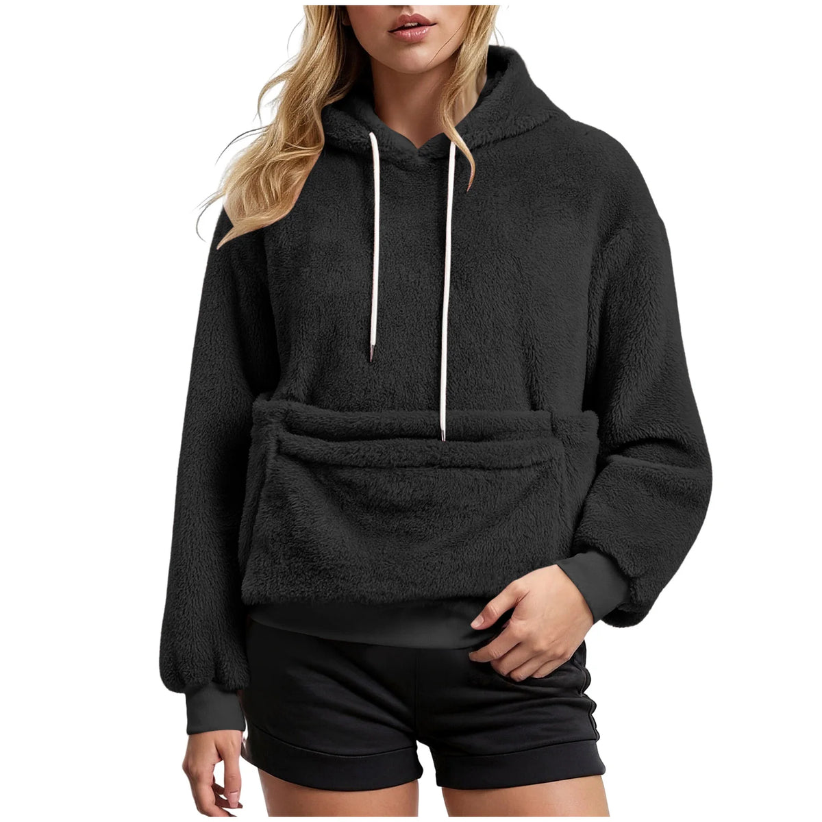 Women's Fall & Winter Fleece Hoodie – Casual Solid-Color Pullover Sweatshirt with Pet Pocket, Drawstring Hood & Cozy Loose Fit