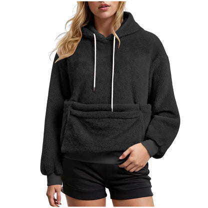Women's Fall & Winter Fleece Hoodie – Casual Solid-Color Pullover Sweatshirt with Pet Pocket, Drawstring Hood & Cozy Loose Fit