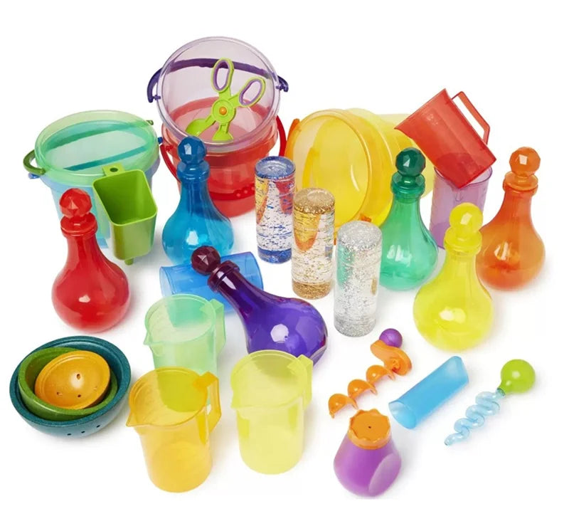 Kit de jeu sensoriel Montessori sable et eau – Jouet d'apprentissage STEM ouvert avec gobelets doseurs arc-en-ciel, entonnoirs, pelles, pinces et tuyaux, jouet d'activité créative en extérieur pour enfants