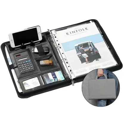 A4 PU Leather Zipper Portfolio Folder – Portable Conference File Organizer with Calculator Holder, Tablet Compartment & Handle