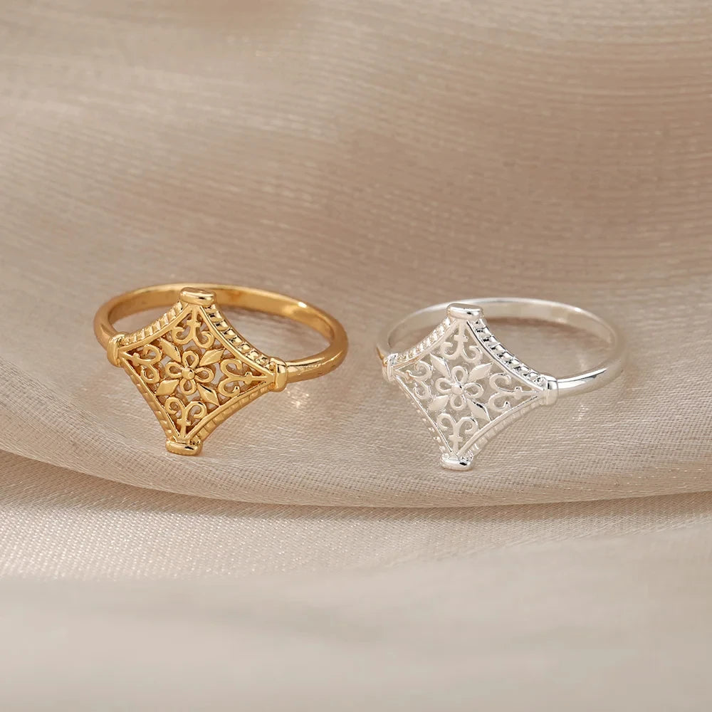 Gold Stainless Steel Lotus Flower Opal Ring – Vintage Oval Stone Statement Ring for Women | Elegant Fashion Jewelry Gift
