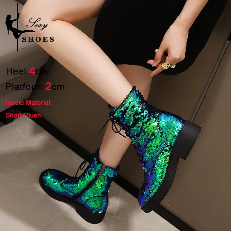 Women’s Plush Ankle Boots – Autumn & Winter Low Heel Round Toe Zipper Short Boots with Sequined Multi-Color Knit Design