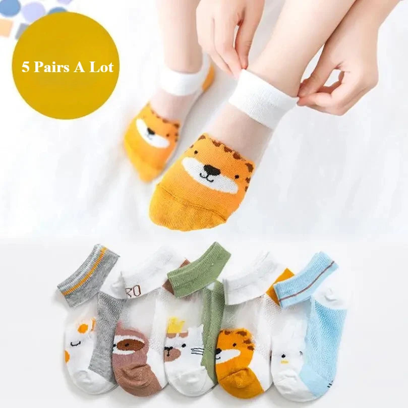 5 Pairs Kids Summer Cotton Mesh Socks Cute Cartoon Dinosaur & Bear Short Socks for Boys & Girls