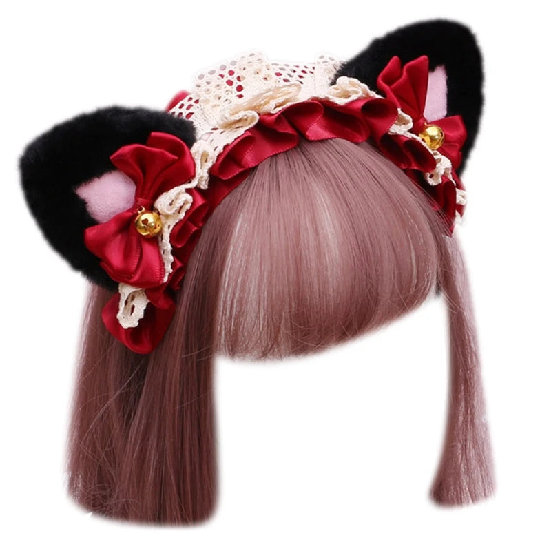 Cute Anime Lolita Cat Ear Headband, Plush Animal Ears with Ruffled Lace, Ribbon Bow and Bell, Kawaii Cosplay Hair Hoop for Masquerade, Costume Parties, and Daily Wear