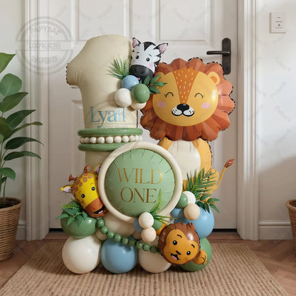 45PCS Jungle Animal Balloon Set – Lion & Giraffe Cream White Number Balloons for Birthday Party Decorations | Safari Theme Celebration Supplies
