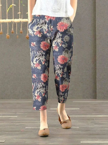 Pantalones Harlan de Verano para Mujer de Lino y Algodón, de Cintura Alta, Sueltos, Delgados, Estampados, Informales, tipo Farol, de Nueve Puntos con Bolsillos