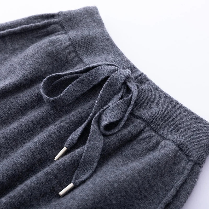 Pantalones de cachemir 100 % pura lana para mujer, de punto, sueltos, de cintura alta, con puños, para otoño e invierno, de corte recto y ajustado