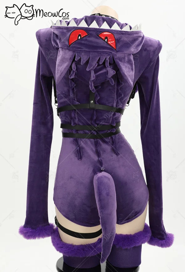Meowcos Genga Cosplay Costume – Purple Ghost Romper Bodysuit | Hooded Plush Outfit with Belt, Tail & Socks (Halloween / Women)