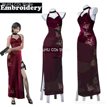 Resident Evil 4 Ada Wong Cosplay Costume | Red Cheongsam Embroidery Dress with Wig | Halloween Carnival & Anime Roleplay Suit for Women