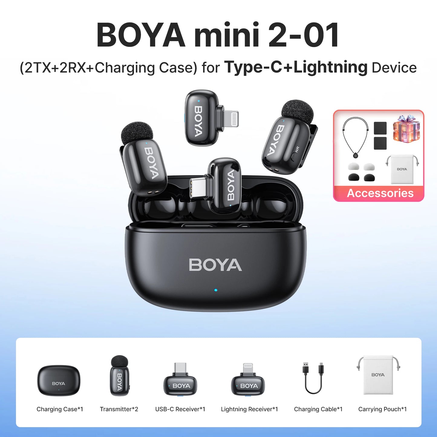 BOYA Mini 2 Wireless Lavalier Microphone – Mini Clip-On Mic with AI Noise Reduction for iPhone, Android & USB-C Video Recording
