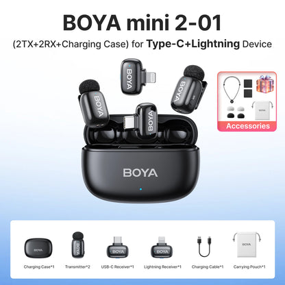 BOYA Mini 2 Wireless Lavalier Microphone – Mini Clip-On Mic with AI Noise Reduction for iPhone, Android & USB-C Video Recording