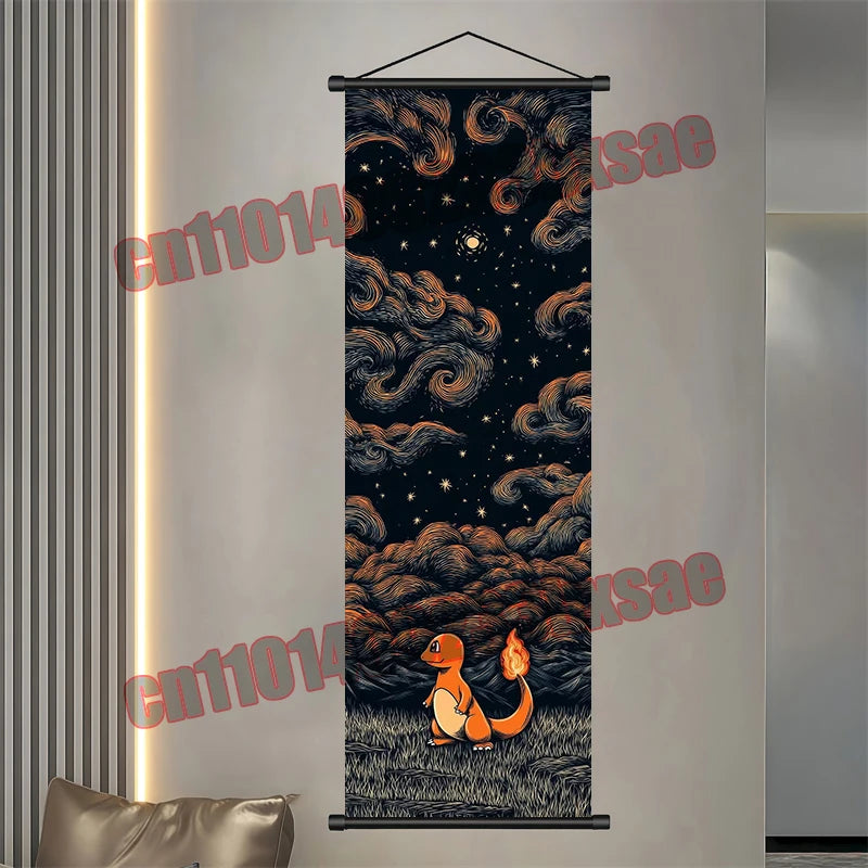 Pokémon Anime Wall Poster – Gengar Eevee Pikachu Scroll Painting Retro Canvas Artwork for Home Decor