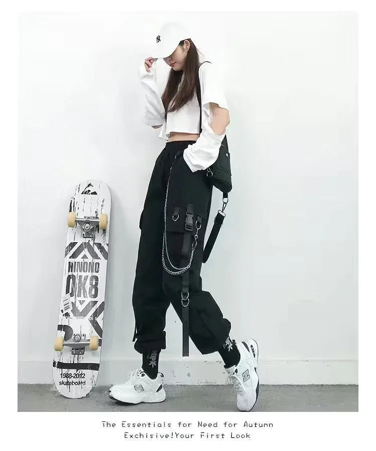 Pantalon Cargo Décontracté Noir pour Femmes Style Coréen Taille Haute Ample Hip Hop Jambe Droite Printemps Automne