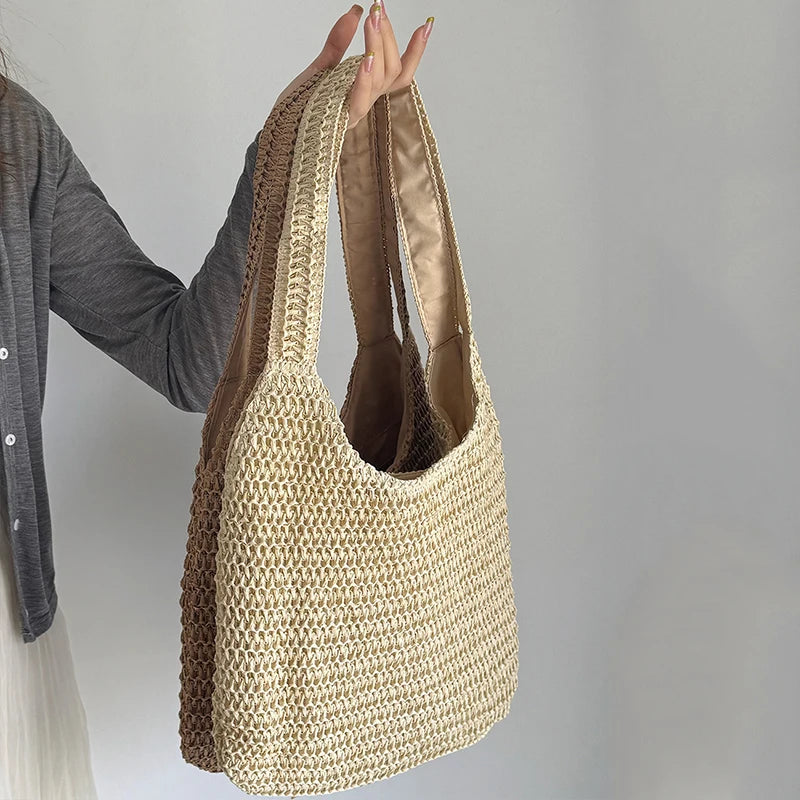 Sac à bandoulière en rotin tressé pour femmes – Grand sac cabas en paille tressée, sac de plage d'été pour femmes, sac de voyage décontracté pour les vacances, le shopping et un usage quotidien