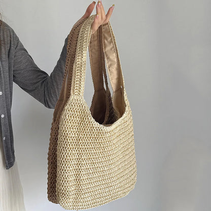 Sac à bandoulière en rotin tressé pour femmes – Grand sac cabas en paille tressée, sac de plage d'été pour femmes, sac de voyage décontracté pour les vacances, le shopping et un usage quotidien