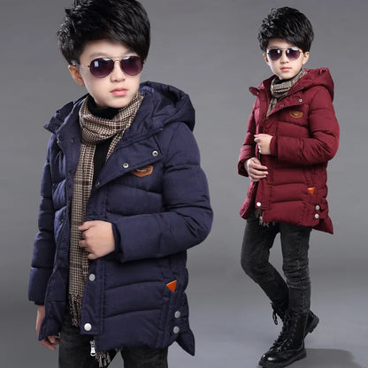 Boys Winter Hooded Jacket Ages 5-14, Warm Slim Fit Long Coat for Kids, Fashionable Windproof Outdoor Outerwear for Teen Boys