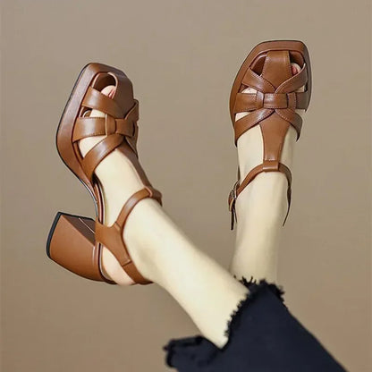 Sandalias de plataforma con tacón grueso para mujer – Zapatos de gladiador retro de cuero PU con punta cuadrada tejida, tacones de cuña de verano