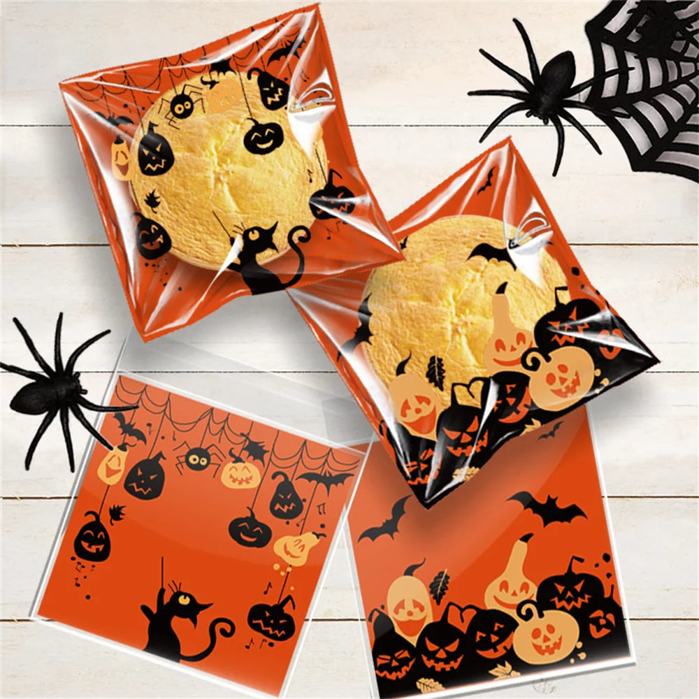 100PCS Halloween Candy Bags, Plastic Gift Packaging Bags with Ghost Pumpkin and Spider Prints, Trick or Treat Goodie Bags, Halloween Party Favors and Decorations