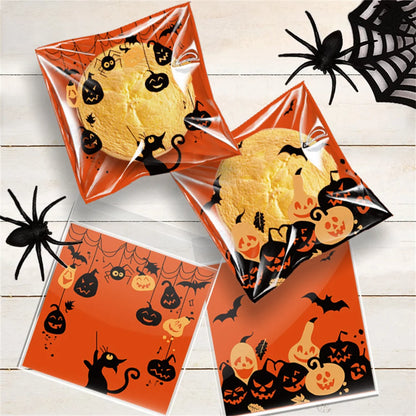 100PCS Halloween Candy Bags, Plastic Gift Packaging Bags with Ghost Pumpkin and Spider Prints, Trick or Treat Goodie Bags, Halloween Party Favors and Decorations