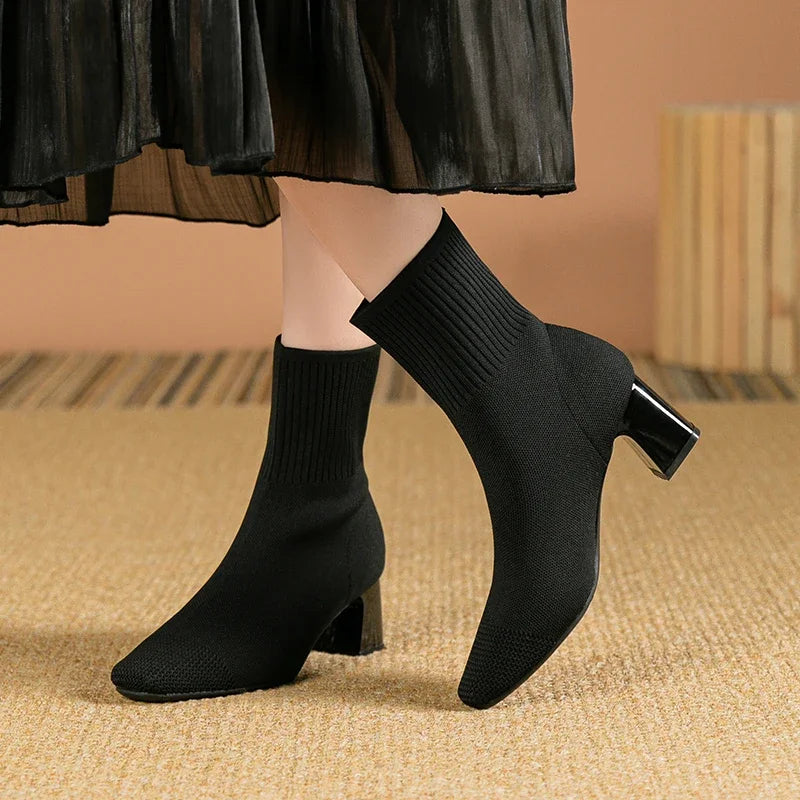 Women's Knitted Sock Boots – Pointed Toe High Heel Mid-Calf Boots, Stretch Fabric Slip-On Design for Spring & Autumn, Plus Size 43